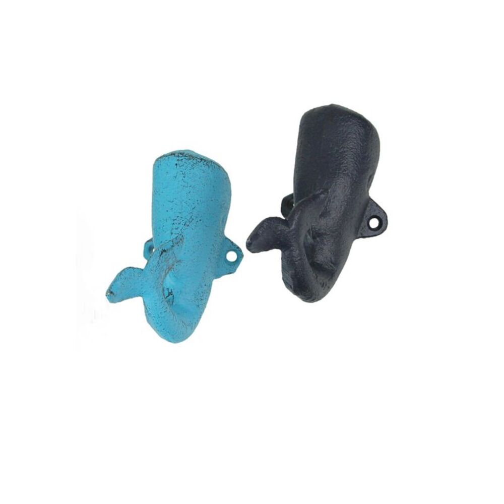 Cast Iron Nautical Blue Whale Wall Hook Decorative Coat Rack Key Holder Set of 2
